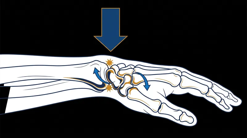 At 90 degrees of extension, the carpal bones rotate and physically impinge against the dorsal rim of the radius.