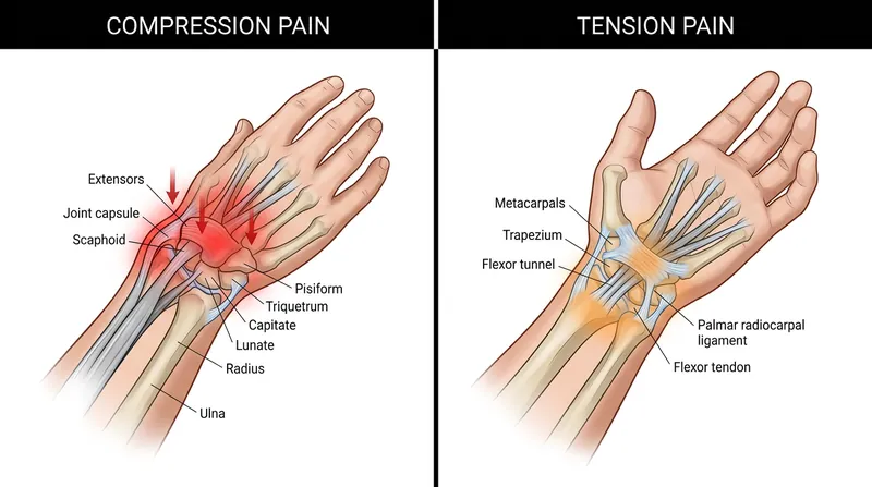 Compression pain occurs at the back of the joint where bones collide, while tension pain is felt along the stretched tissues of the palm.