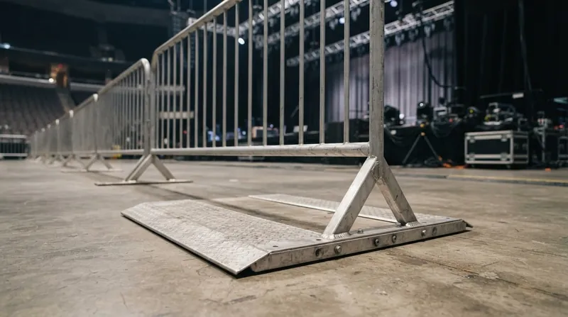 A dense concert crowd presses against a heavy-duty aluminum barricade while security personnel monitor from behind.