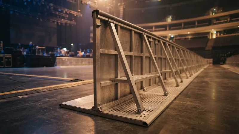 Illustration: The extended footplate slides directly beneath the audience, requiring no ground anchors to remain stable.