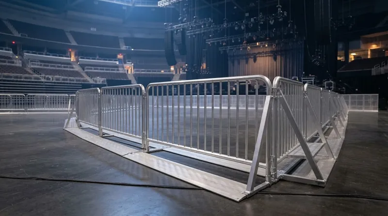 Illustration: Production designers arrange barricades in convex curves to dissipate lateral force and prevent dangerous pressure pockets.