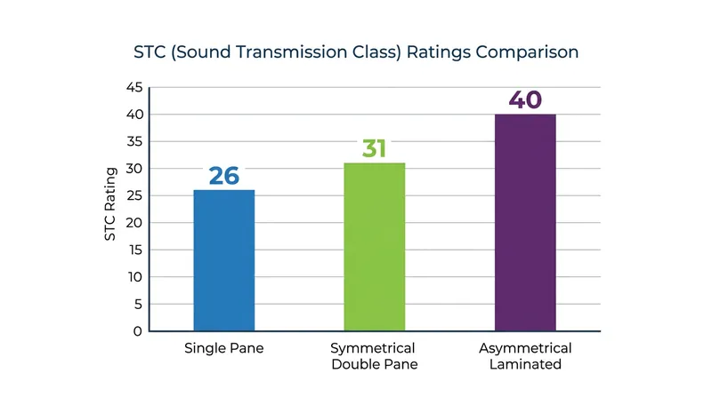 Asymmetrical laminated configurations push Sound Transmission Class (STC) ratings significantly higher than standard double glazing.