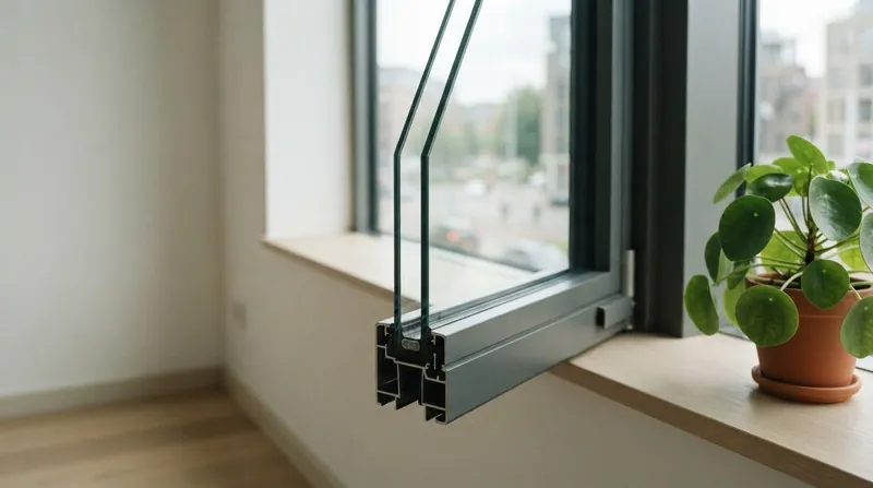 A cross-section of a double-glazed window showing two glass panes of different thicknesses separated by an air gap.