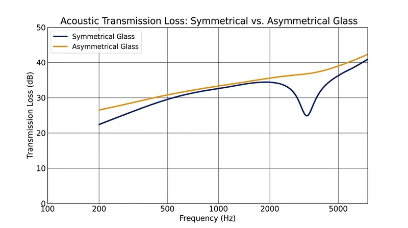 Symmetrical glass experiences a sharp drop in acoustic insulation at its critical frequency, while asymmetrical glass smooths the curve.