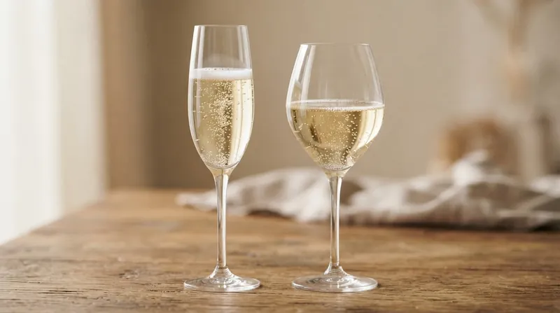 A close-up photograph of a wide tulip glass filled with bubbling champagne against a dark background.