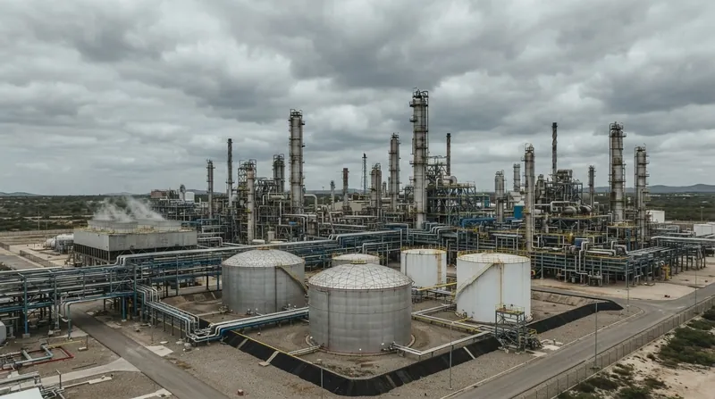 Industrial pipes and cooling towers of a Russian oil refinery facility at dawn.