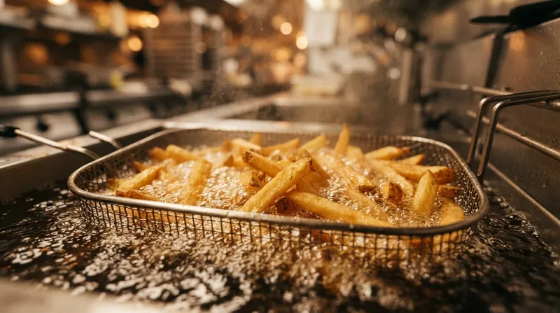 Close-up of a golden French fry cooking in bubbling hot oil, showing the steam escaping from the crust.
