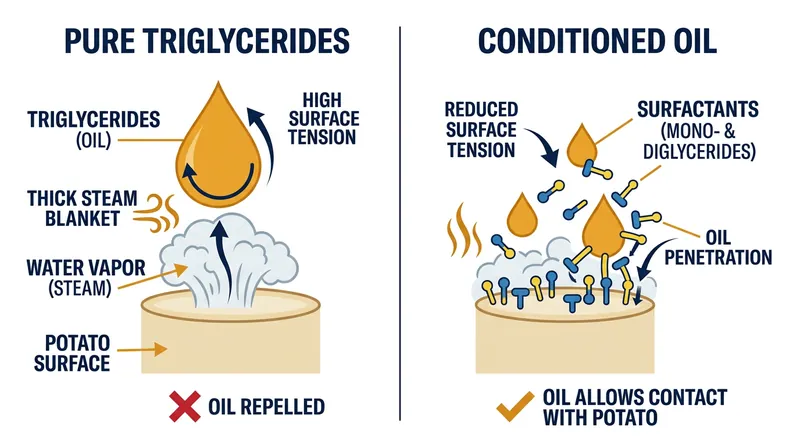 Pure triglycerides actively repel water, creating an insulating steam blanket that prevents heat transfer.