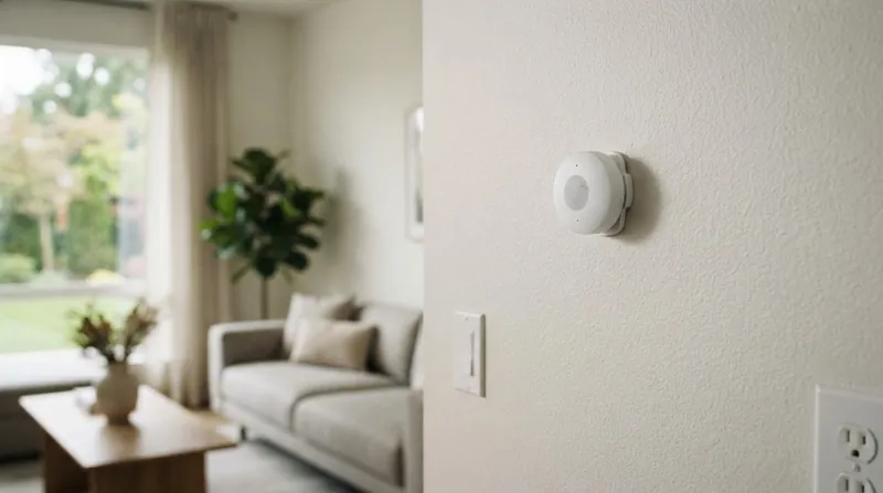 A white square smart home presence sensor mounted on a white interior wall.