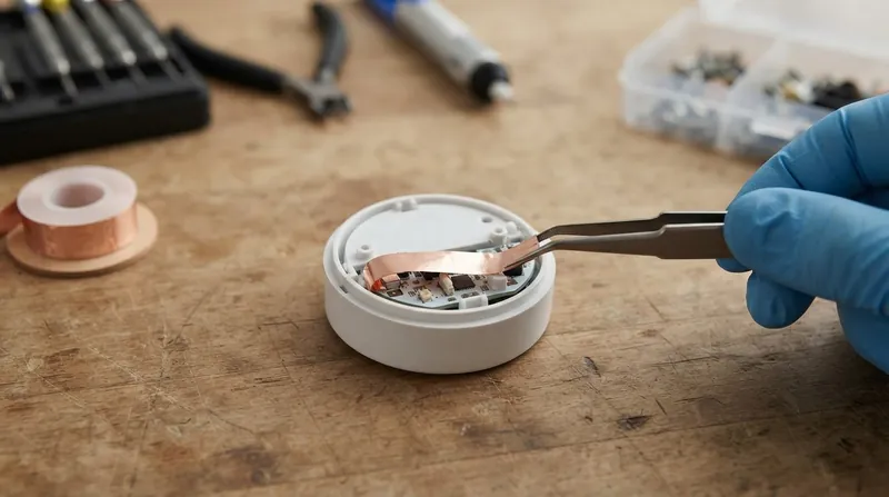 Illustration: Applying copper foil tape to the rear of the sensor enclosure creates a physical shield that blocks rearward radar transmission.