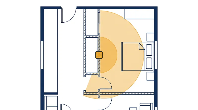 Software distance limits create a spherical detection zone that inevitably protrudes into adjacent rooms when mounted on shared walls.