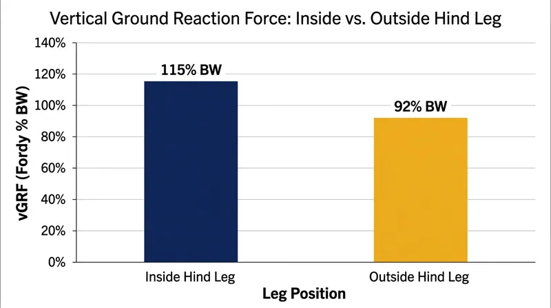 Centrifugal force shifts a significant portion of the horse's weight onto the inside hind leg during a turn.