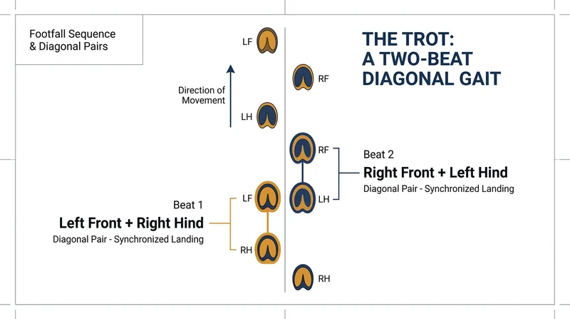 The trot is a symmetrical two-beat gait where diagonal pairs of legs strike the ground simultaneously.