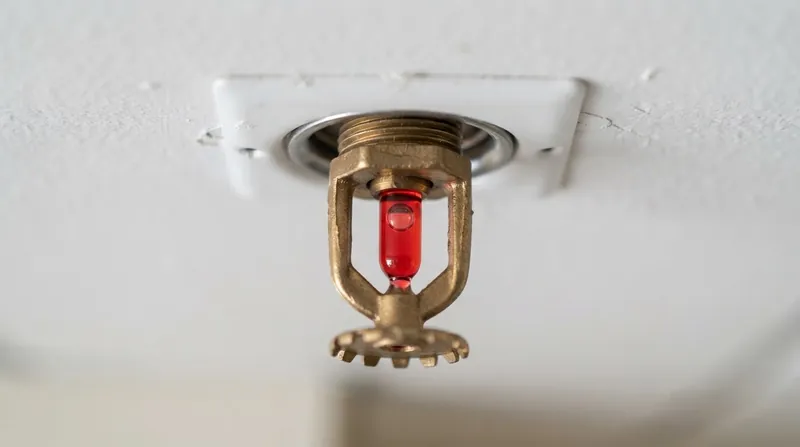 Close-up of a commercial fire sprinkler head showing the red liquid-filled glass bulb and deflector plate.