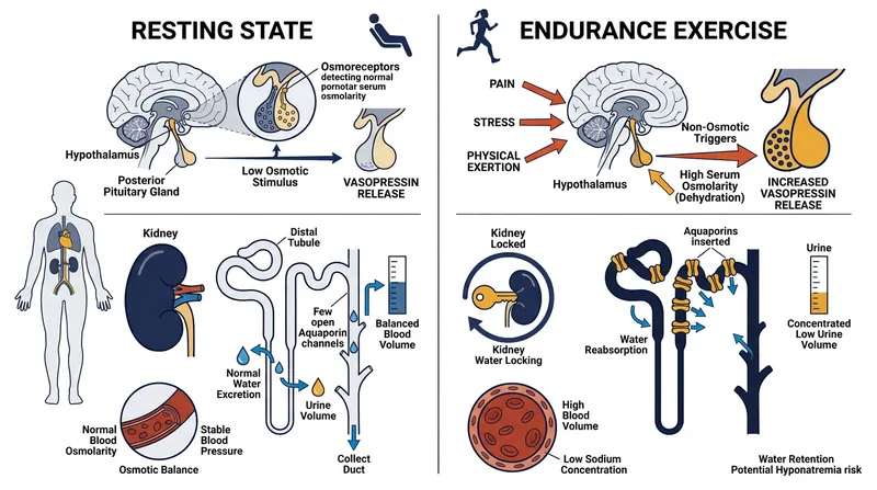 Physical stress triggers vasopressin release independently of blood concentration, halting the kidneys' ability to clear water.