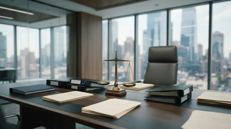 A dark corporate boardroom table illuminated by a single light focusing on red financial documents.