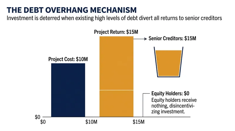 In a debt overhang, the entire return of a new project is captured by senior creditors, leaving equity holders with no incentive to invest.