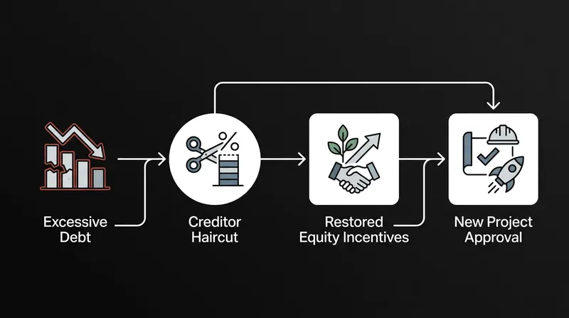 Formal bankruptcy restructuring cures the overhang by legally reducing the debt load, restoring the incentive for equity holders to pursue growth.