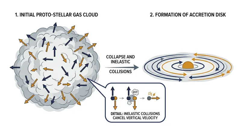 Inelastic collisions cancel out opposing vertical velocities, leaving only the conserved horizontal rotational motion.