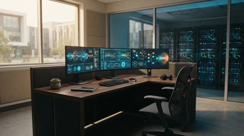 A researcher works at a multi-monitor workstation in a modern office with glowing server racks visible through glass walls.
