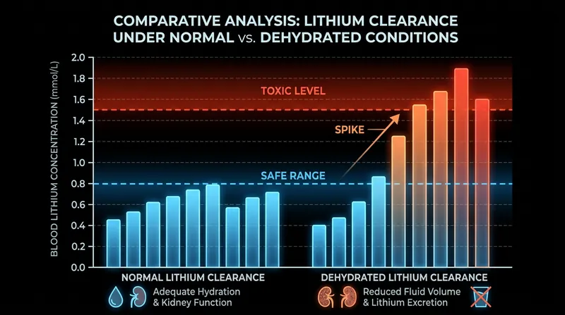 Volume depletion drastically reduces lithium clearance, pushing serum concentrations into the toxic range.