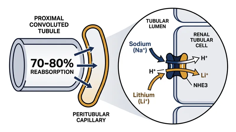 The Na+/H+ exchanger-3 cannot distinguish between sodium and lithium, reabsorbing both indiscriminately.