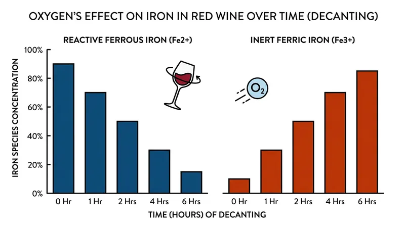 Decanting a young red wine allows oxygen to bind with ferrous ions, neutralizing the catalyst.