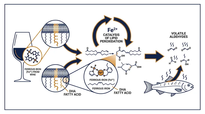 Ferrous iron acts as a molecular spark plug, instantly breaking down marine fats into pungent aldehydes.
