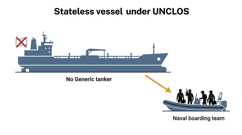 Under international law, warships hold the authority to board and inspect vessels suspected of sailing without a valid national registry.