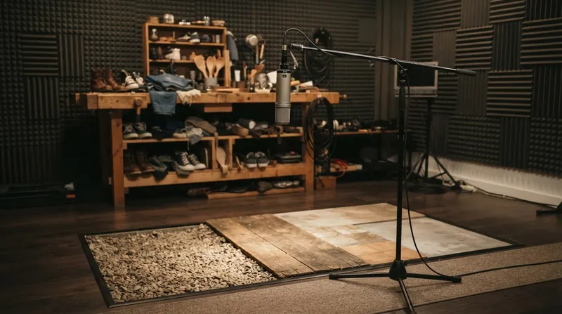 A Foley artist in a darkened recording studio stands on gravel while watching a film scene on a large monitor.