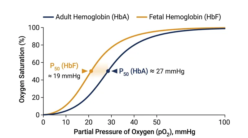 Fetal hemoglobin reaches 50 percent saturation at a much lower partial pressure of oxygen than adult hemoglobin.