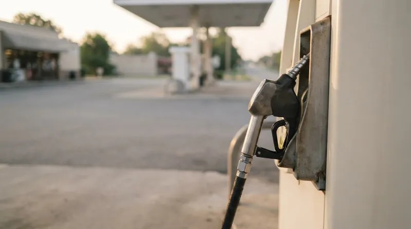 A brightly lit gas station price sign displaying elevated fuel costs against a clear sky.