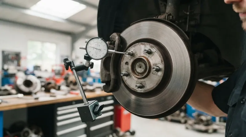 A mechanic's hands adjusting a magnetic dial indicator against a ventilated cast iron brake rotor.