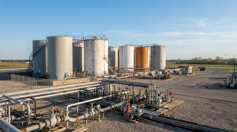 Large white cylindrical oil storage tanks at an industrial facility with pipes in the foreground.