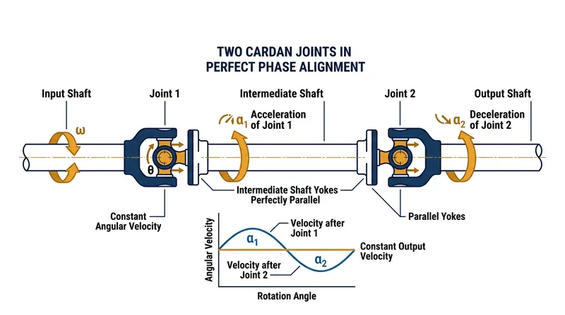 By perfectly aligning the yokes on the intermediate shaft, the speed variation of the first joint is mathematically erased by the second.