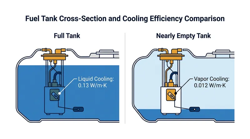 Gasoline pulls heat away from the pump's copper windings roughly ten times faster than the empty vapor space can.