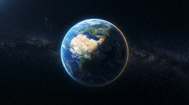 A digital rendering of Earth in space, tilted at a 23.5-degree angle, with the Sun glowing brightly in the background.