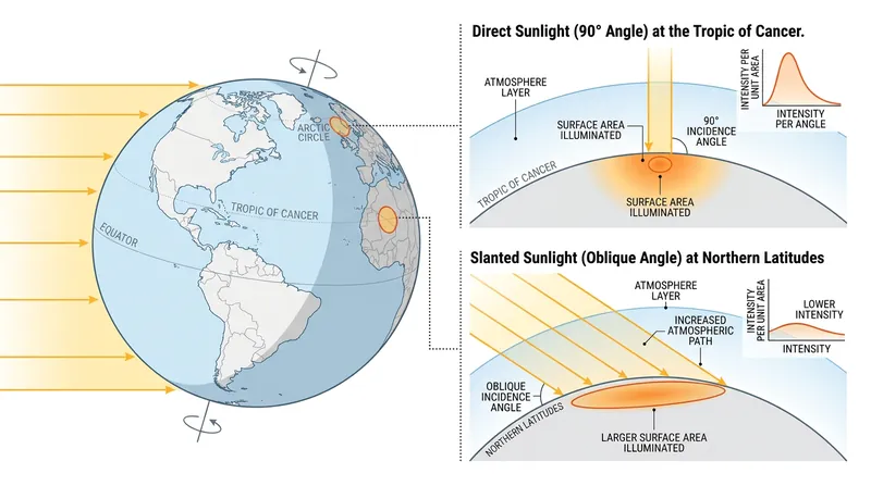 A steep incidence angle concentrates solar energy, while a shallow angle smears the same energy across a larger area.