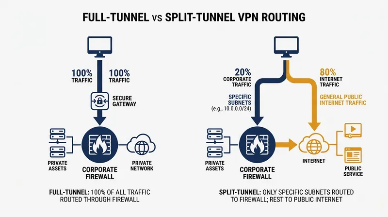 A full-tunnel configuration captures all outbound data, while split tunneling divides traffic based on destination.