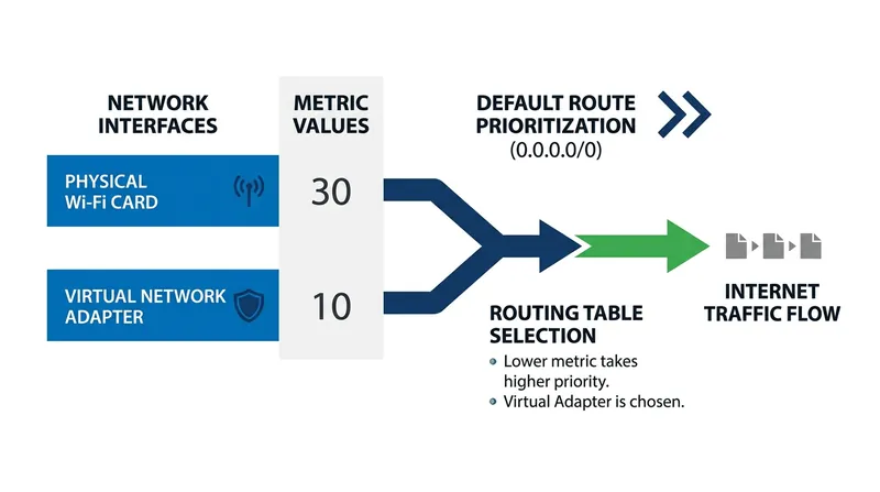 VPN clients hijack traffic by injecting a virtual adapter with a lower routing metric than the physical network card.