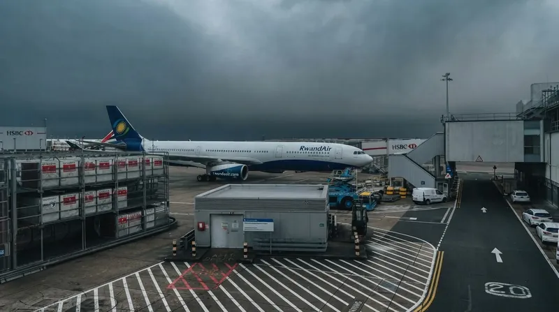 Travelers walking through a bright, modern airport transit lounge with glass walls and departure gates.