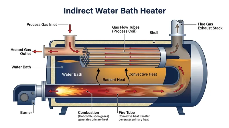 Indirect water bath heaters use a submerged fire tube to safely warm the natural gas stream before it reaches the regulator.