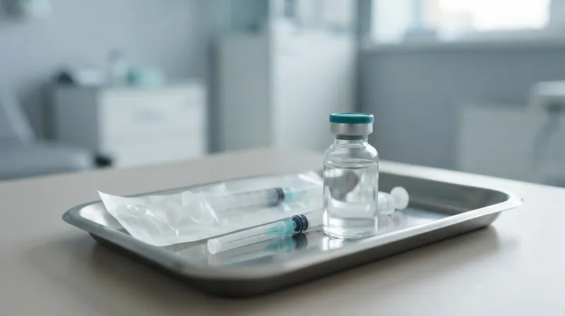 A healthcare worker prepares a vaccine vial for a young child sitting on an examination table.