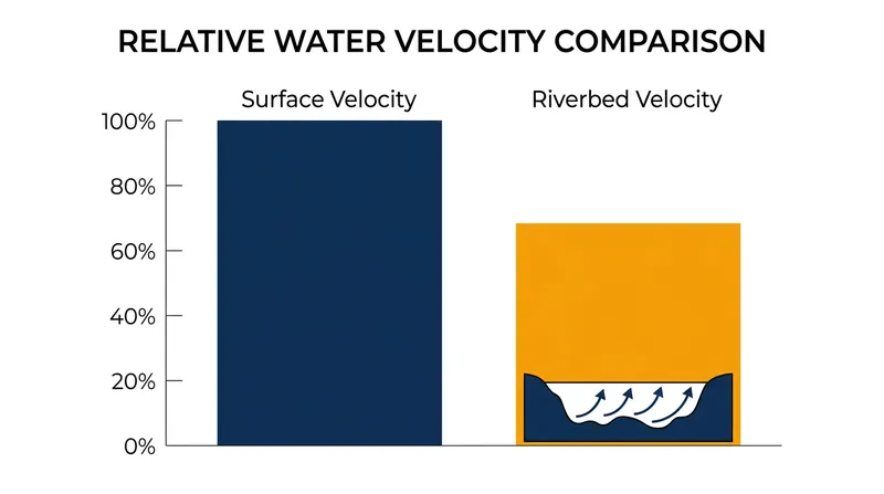 Basal friction significantly reduces water velocity at the riverbed, weakening the outward centrifugal force.