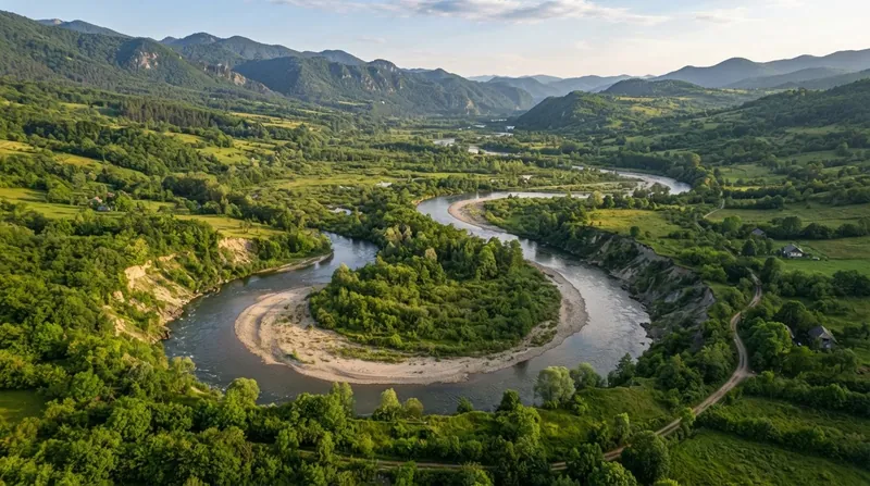 An aerial view of a wide river carving deep, winding loops through a green alluvial floodplain.
