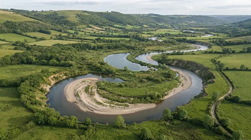 Illustration: When a meander loop grows too extreme, the river breaches the neck, leaving behind a crescent-shaped oxbow lake.