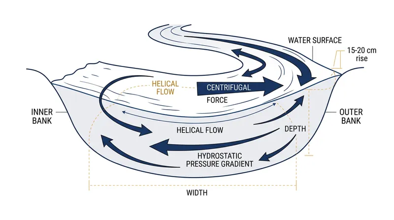 Centrifugal force pushes water toward the outer bank, elevating the surface and creating a hydrostatic pressure gradient.