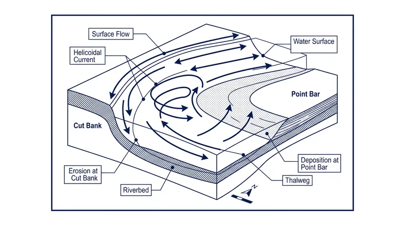 The pressure imbalance forces the water into a helicoidal corkscrew, driving erosion on the outside and deposition on the inside.