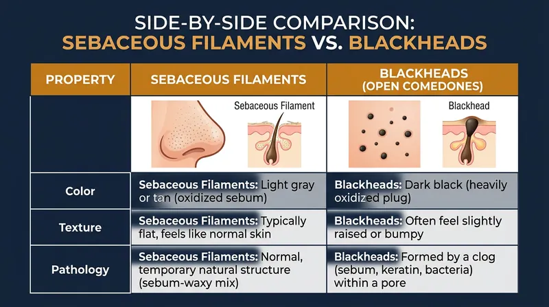While they look similar, sebaceous filaments and blackheads represent entirely different physiological states.