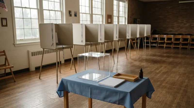 A line of diverse voters waiting outside a polling station on an autumn morning.